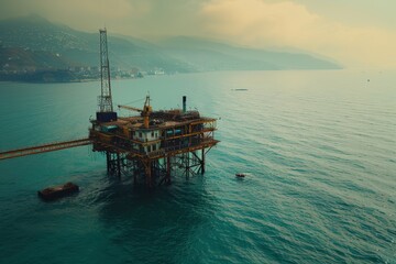 Wall Mural - Detailed view of a computer screen displaying various graphs and data analysis, The industrial structure of an oil rig blending with the natural beauty of the sea