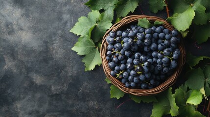 A basket of grapes is on a dark background