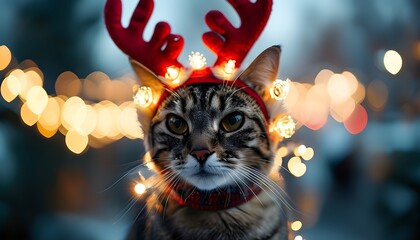 Wall Mural - Playful Cat in Reindeer Headband Surrounded by Dreamy Bokeh Lights