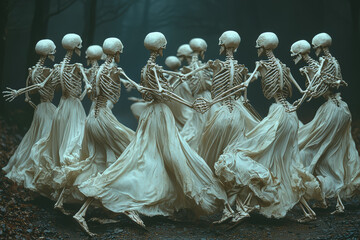 Wall Mural - Skeletons and noblemen dancing hand in hand in a darkened forest. Concept of death as the great equalizer.