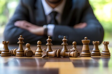 Businessperson Strategizing Financial Challenges with Chess Pieces on Desk