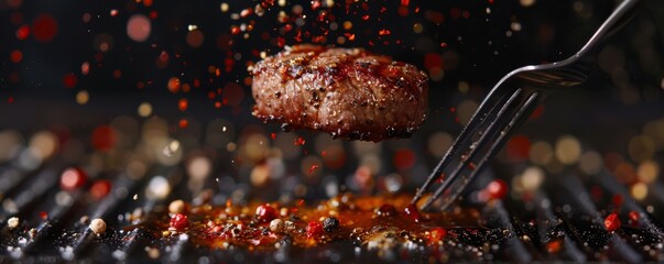 Wall Mural - Juicy beef steak on a fork, surrounded by flavorful pepper flakes, sizzling on a hot grill. Free copy space for text.