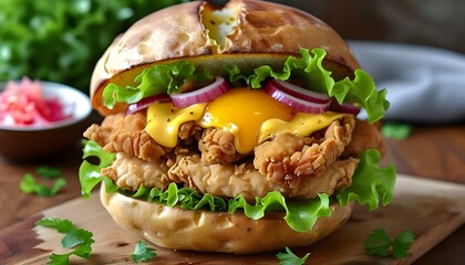 Crispy chicken sandwich on a potato bun topped with fresh lettuce, mayo, juicy pickles, and savory flavors