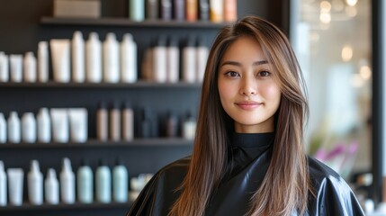 A woman with long hair stands in front of a salon with many bottles