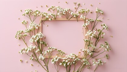 Canvas Print - Romantic floral composition of white gypsophila in a photo frame on soft pink background, perfect for celebrations like Valentines Day and Mothers Day