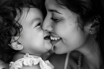 A woman wearing glasses smiles for the camera, radiating joy and warmth, The joy and affection seen in the relationship between a mother and her child