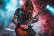 © Iftikhar alam - A man energetically plays a guitar on a stage, showcasing his musical talent and stage presence, The lead guitarist shreds on his instrument, captivating the crowd with his skill