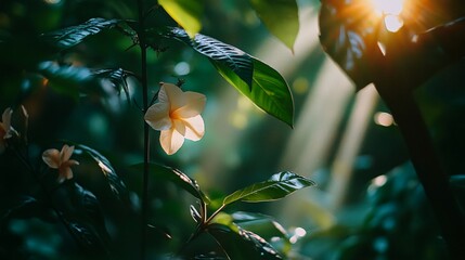 Wall Mural - A single white flower blooms in the dappled sunlight of a lush tropical forest.