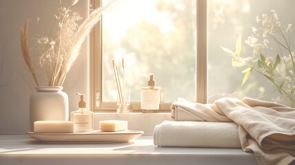 Natural soaps, oils and creams in a clean, white bathroom.