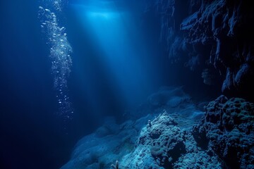 Poster - A futuristic city glows with lights and bustling activity amongst towering buildings, The mysterious depths of a dark, abyssal ocean trench