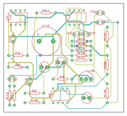 Wall Mural - Vector printed circuit board of electronic 
device with components of radio elements, 
conductors and contact pads placed on pcb. 
Engineering drawing. Electric background.
Computer technic cad design