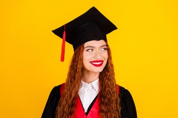 Photo of charming lovely smart girl graduate wear black mantle college education empty space isolated on yellow color background