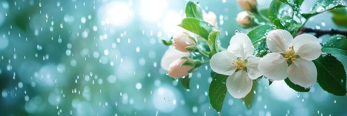 Poster - Blooming White Flowers in Rain