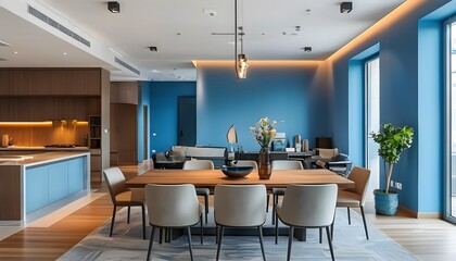 Wall Mural - Modern dining room design featuring a spacious layout with a table and chairs against a blue wall in a well-lit apartment