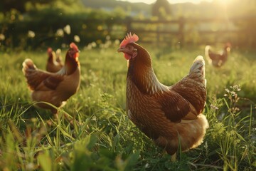 Wall Mural - Chickens clustered on verdant grass field, The rhythmic clucking of content hens roaming freely