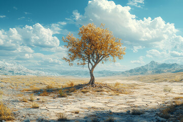 Wall Mural - A dried-out tree with withered branches standing in a parched landscape. Concept of the effects of climate change on ecosystems.