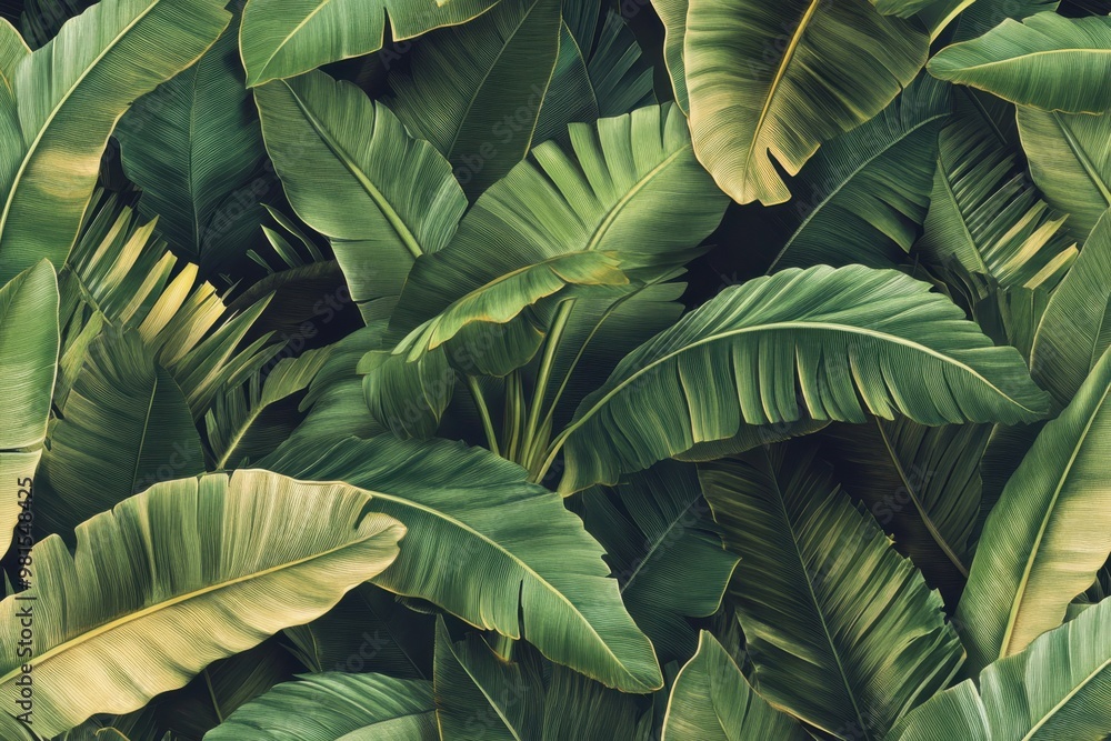 Exotic patterned composition showcasing refined palm and banana leaves