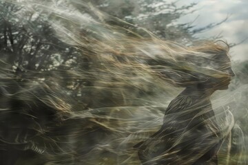 Wall Mural - A woman walks through a forest, captured in a blurred motion, The sensation of wind rushing past