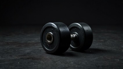 Single black dumbbell on a dark surface.