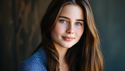 Wall Mural - Friendly and Professional Headshot of a Young Woman with Long Brown Hair and Blue Eyes, Dressed in a Blue Patterned Shirt