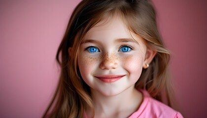 Wall Mural - Smiling little girl with blue eyes and freckles in a pink shirt against a vibrant pink background