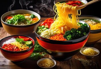 Wall Mural - colorful bowls overflowing hot noodles crisp vegetables creating delicious culinary experience, steam, food, cuisine, meal, dish, healthy, ingredient