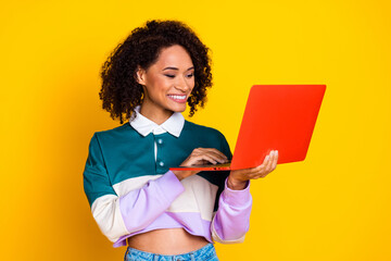 Sticker - Photo of successful cheerful woman with wavy hairstyle dressed striped top look at laptop chatting isolated on yellow color background