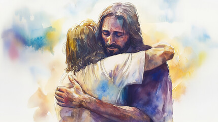 watercolor painting of Jesus embracing a person in need	