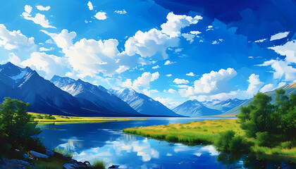 Magnificent blue sky and mountains, like a painting.