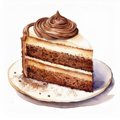 Wall Mural - Watercolor painting of creamy cake slice with layers of chocolate buttercream. Sweet food.