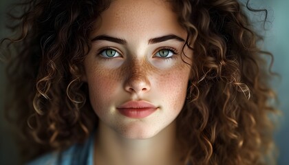 Wall Mural - Brightly lit professional headshot of a young woman with curly hair and freckles, showcasing her confident expression against a softly blurred background