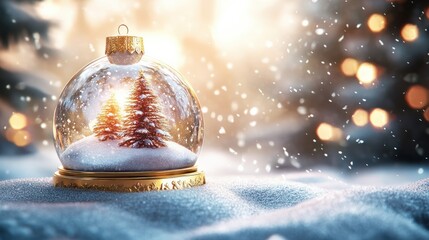 Sticker - Golden christmas ball in snow. Christmas landscape with glass snow globe