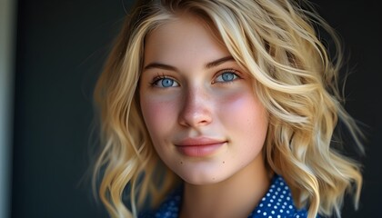 Wall Mural - Joyful young woman with blonde hair and blue eyes in a blue polka dot shirt smiling at the camera