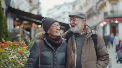 A couple of older people are walking down a street, smiling and holding hands