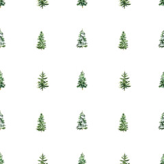 Seamless pattern watercolor Christmas tree illustration. Collection of hand drawn cute decorative christmas trees isolated on white background. Design for sticker, decoration, card, poster, artwork.