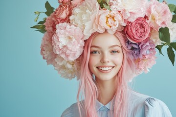 Wall Mural - A smiling woman with striking pink hair wears an oversized pastel shirt and a stunning floral crown, radiating charm in a minimalistic setup with a solid color backdrop.