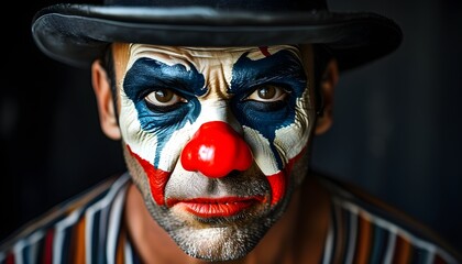 Wall Mural - Mischievous clown with painted face and red nose gazes at the camera, donning a black hat and striped shirt against a dark background