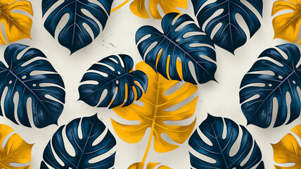 A collection of vivid tropical leaves in yellow and navy blue arranged artistically on a light backdrop, creating an eye-catching design perfect for decor or fashion applications.