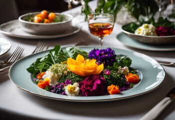 colorful plant based meal arranged beautifully elegant pristine table settings fresh ingredients decorative elements, vibrant, dish, arrangement, dining