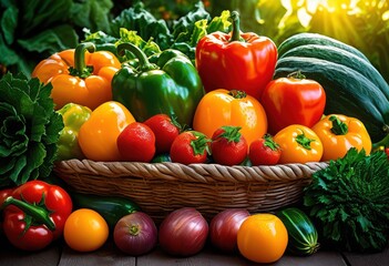 vibrant display fresh fruits vegetables illuminated sunlight colorful arrangement, artisanal, basket, berries, bright, crisp, delightful, edible, farm