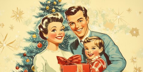 Vintage Family Christmas Portrait: Gathering by a Decorated Xmas Tree with Classic Holiday Decorations