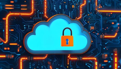 Wall Mural - Futuristic digital cloud icon featuring a padlock on a circuit board background illuminated by blue and orange lights, symbolizing security and innovation