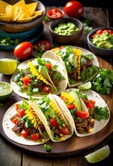 Wall Mural - vibrant tacos loaded fresh ingredients displayed wooden table surrounded colorful garnishes, food, cuisine, meal, vegetable, tortilla, lime, salsa, onion