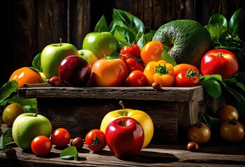 vibrant assortment nutritious produce featuring fresh fruits vegetables colorful display, healthy, organic, market, selection, variety, greens, berries