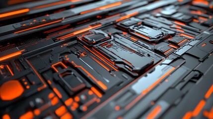 Wall Mural - Futuristic Abstract Circuitry with Glowing Orange Lines, 3D Rendering, Sci-Fi, Technology, Abstract