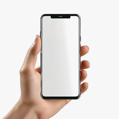 A close-up view of a hand holding a sleek smartphone against a minimalist background in natural light