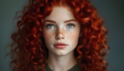 Wall Mural - Professional headshot of a young woman showcasing curly red hair and charming freckles