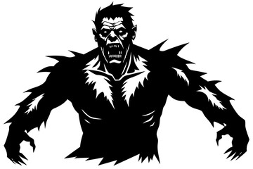 Black silhouette of frankenstein monster. Halloween party. Isolated image of scary zombie. Dead man on white background. Vector illustration