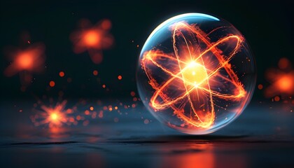 Wall Mural - Vibrant Closeup of a Glowing Atom Model Radiating Energy Against a Dark Background