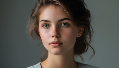 Wall Mural - confident professional headshot of a young woman with a friendly smile and polished attire against a neutral background